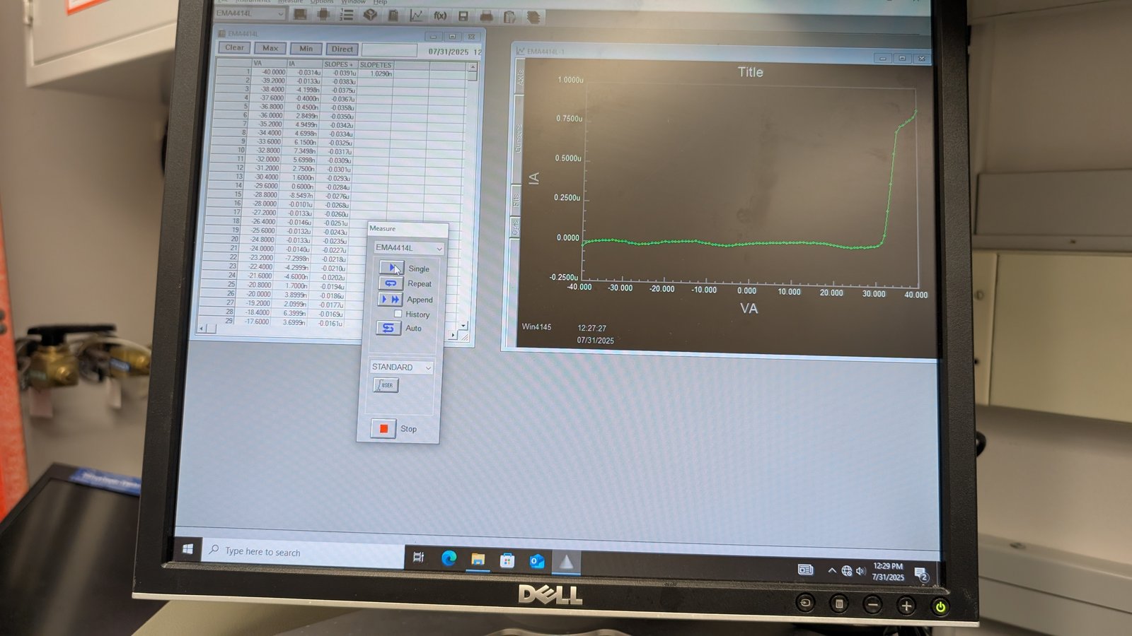 Breakdown Voltage testing of annealed sample. Occurs at ~30 volts.
